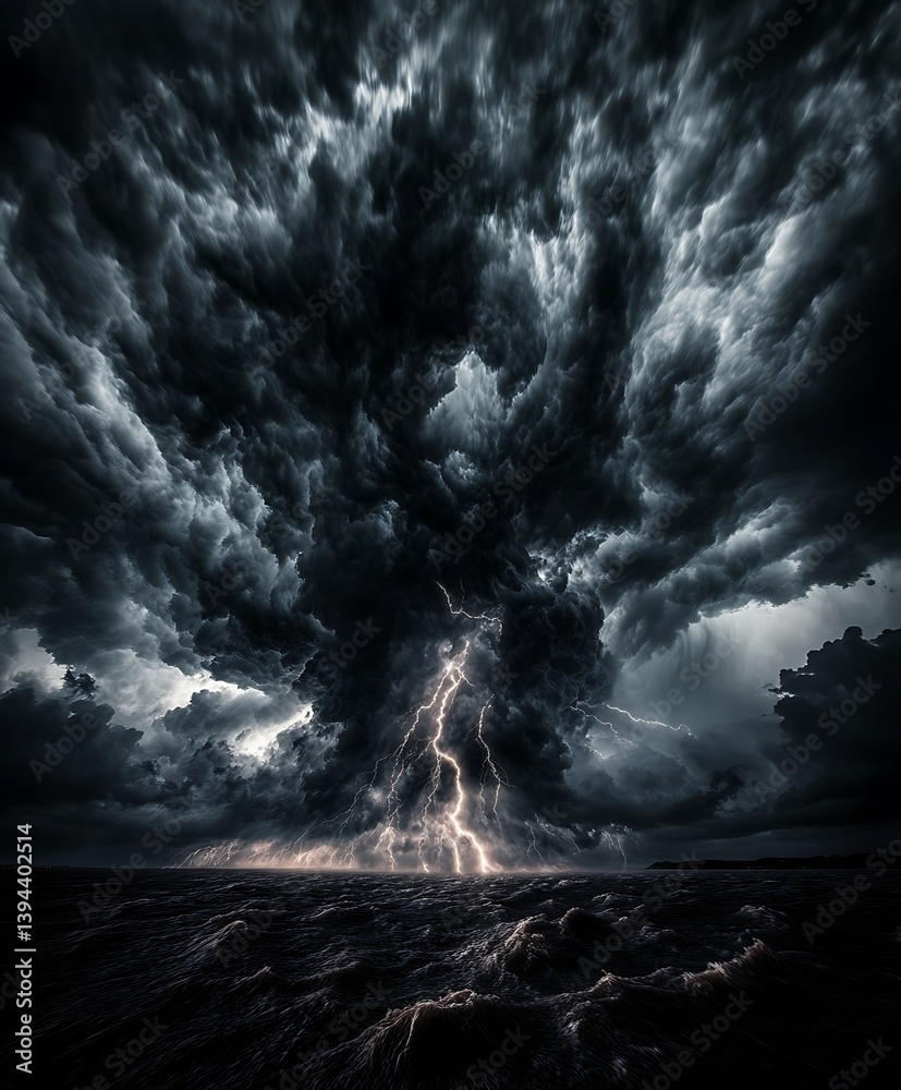 Intense stormy clouds unleashing lightning over a turbulent ocean