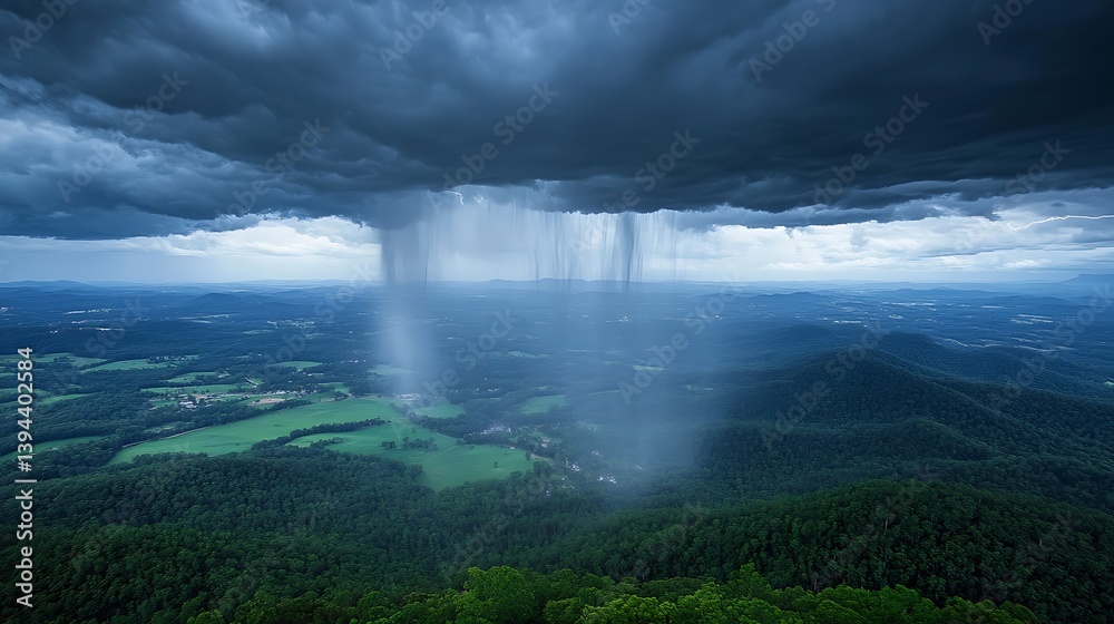 Dramatic view of rain cascading over verdant mountains and valleys