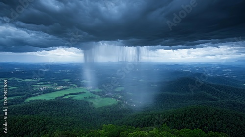Obraz na płótnie Dramatic view of rain cascading over verdant mountains and valleys w salonie