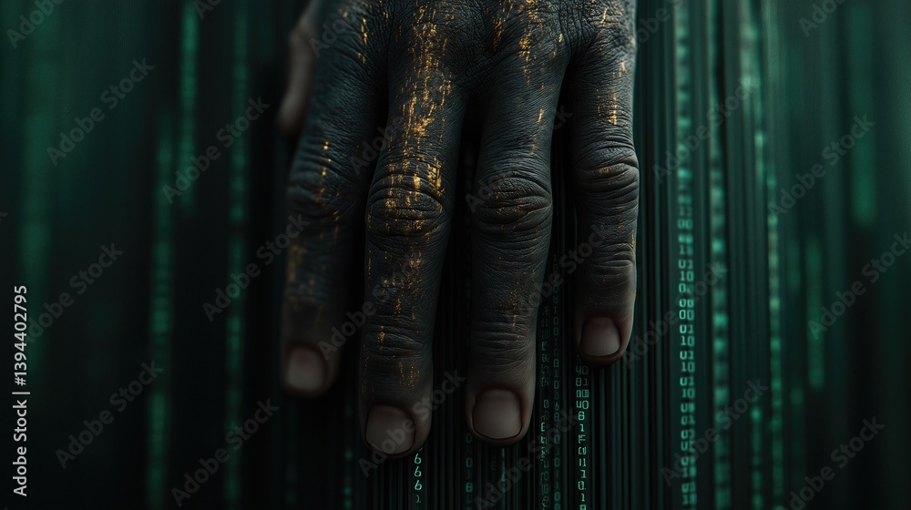 Obraz premium Dark human hand interacting with futuristic digital matrix interface