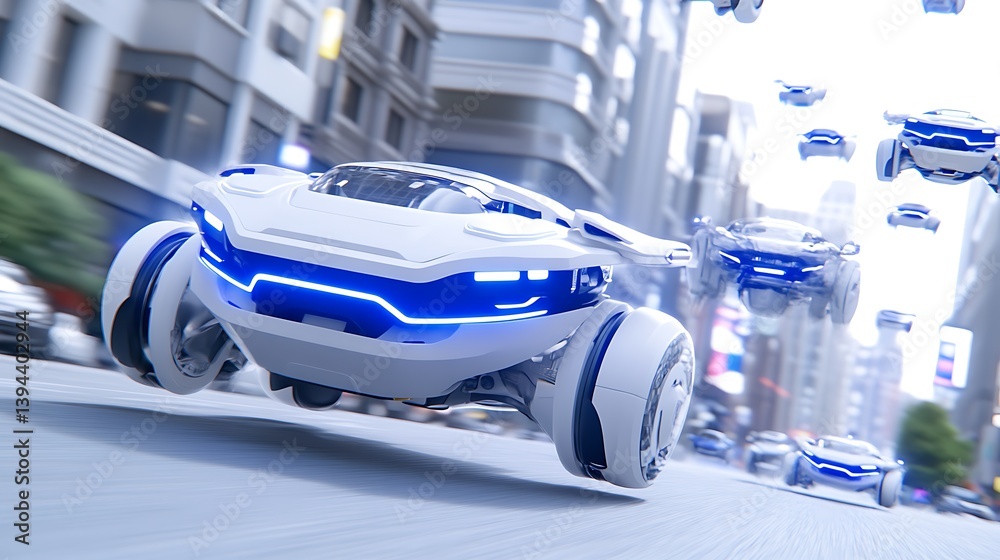 Futuristic vehicles are flying through a bustling metropolitan city scene