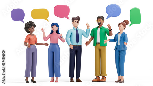 3D people with speech bubbles, symbolizing diverse communication and ideas exchange. 3D rendering, conceptual image, isolated on white background.