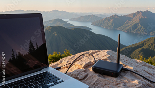 Black compact USB modem with red LED tip connected to a laptop sitting on a boulder overlooking a valley filled with fog and forest peaks, Mobile Internet for Freelancers