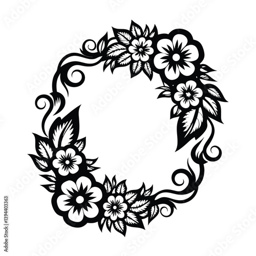 Decorative Floral Wreath, Black Silhouette Flowers with Leaves, Botanical Element Design