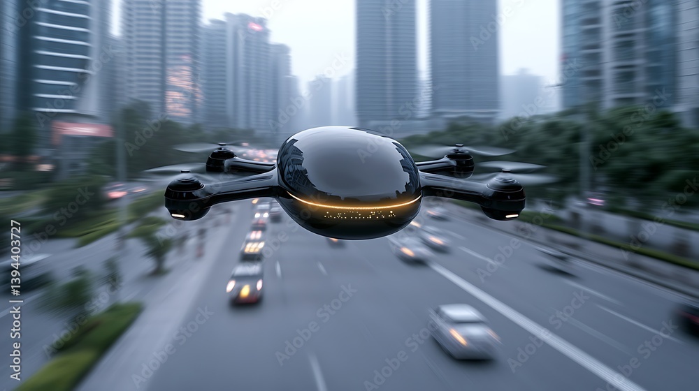 A modern drone flies over a busy city highway