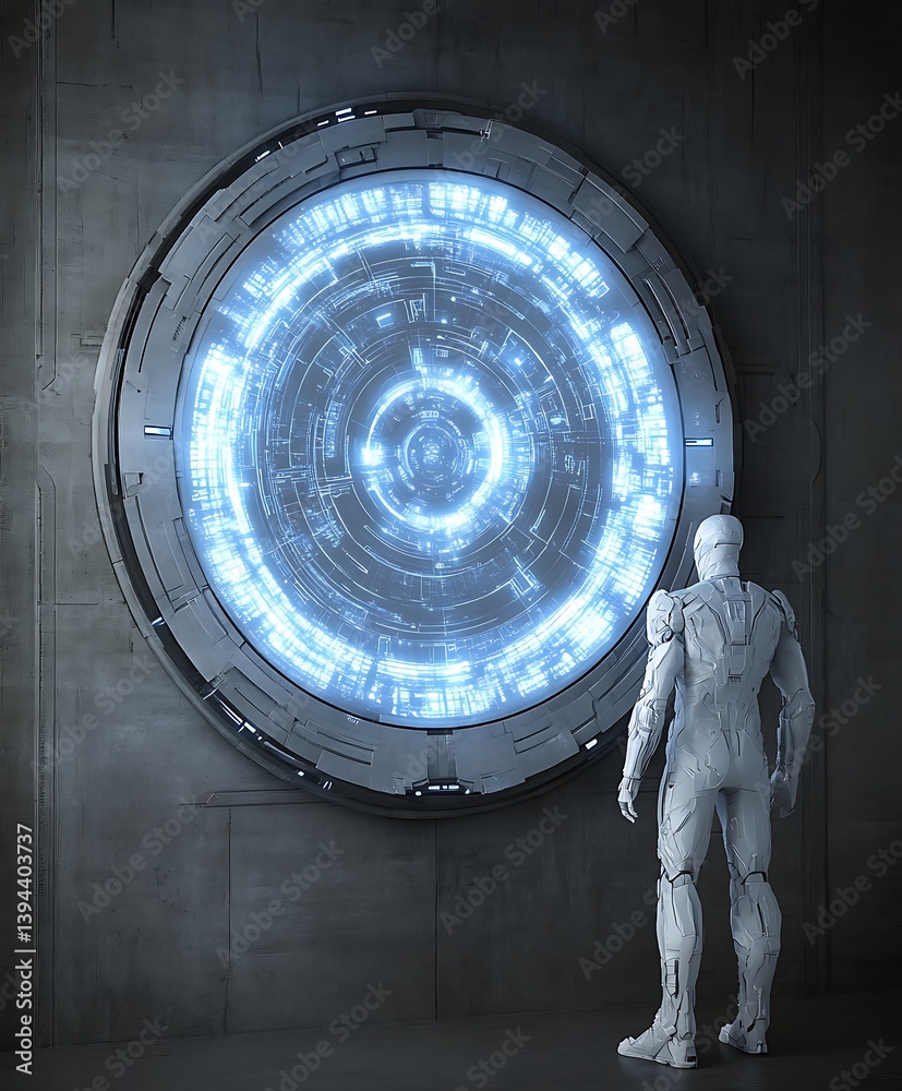 A futuristic figure contemplating a glowing circular portal on the wall