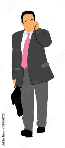 Businessman with mobile phone talk vector illustration isolated. Handsome man in suite tie. Elegant male busy manager. Yuppie appoints meeting with client out office. Contract business communication.