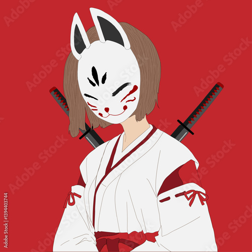 A mysterious girl in a white kimono with a kitsune mask and twin katanas on her back, set against a bold red background