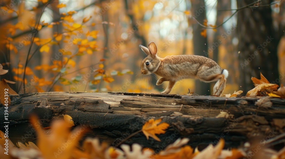 Obraz premium A rabbit jumping over a log in the forest