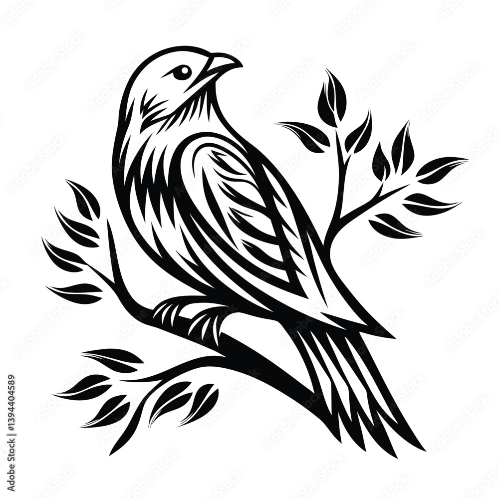 Obraz premium Stylized Bird Silhouette on Branch with Leaves, Black and White Art, Minimalist Design