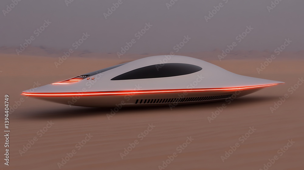 A futuristic vehicle rests in a sandy desert landscape setting