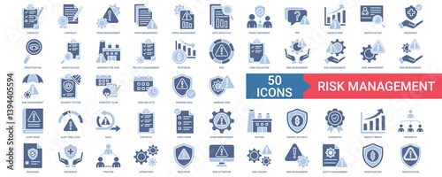 Risk Management icon collection set with checklist, contract, crisis management, data analytics, family insurance	