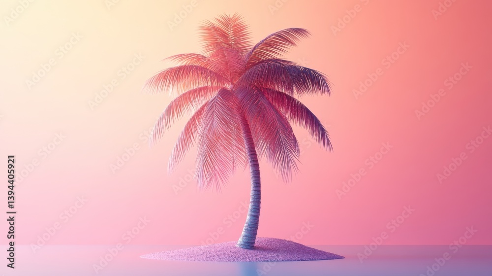 Fototapeta premium A vibrant digital illustration of a palm tree on a small island, set against a gradient background of soft pink and purple hues.