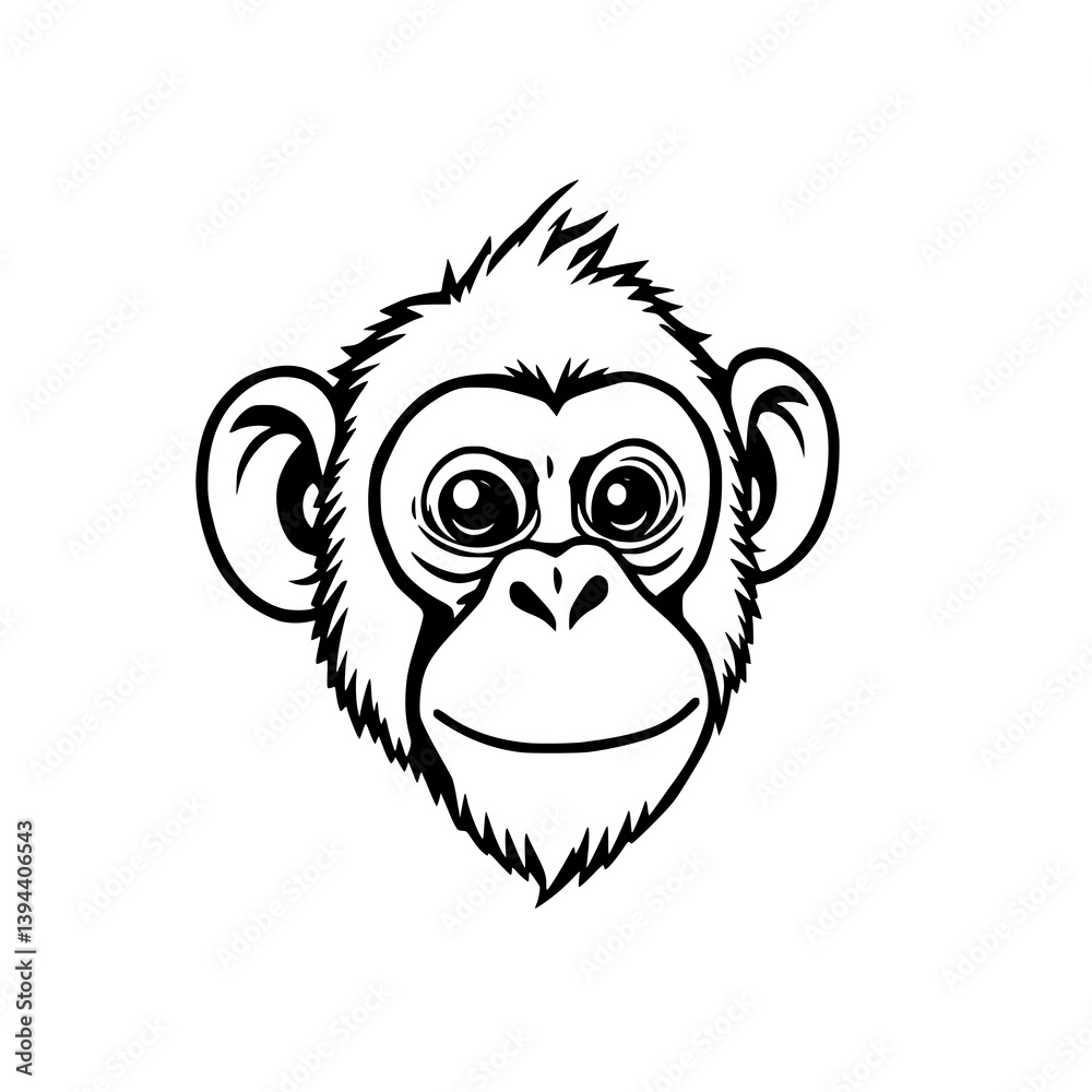 Obraz premium Cartoon monkey face, black and white line drawing with large expressive eyes and fluffy hair.