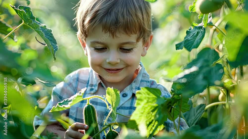 the child collects cucumbers. Selective focus