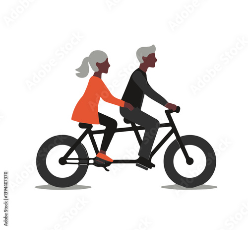 Active grandparents on vacation. Elderly African American couple riding tandem bike. Symbolizes lasting love, partnership, active aging, shared journey, and senior activity. Flat vector illustration.