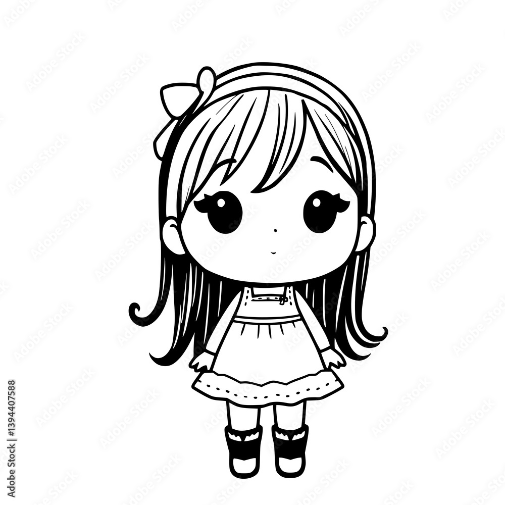 Cute Cartoon Girl: A charming black and white illustration of a adorable young girl, the focus on cuteness and charm, perfect for adding a touch of fun. Cute Cartoon Girl: A charming black and white illustration of a adorable young girl, the focus on cuteness and charm, perfect for adding a touch of fun.
