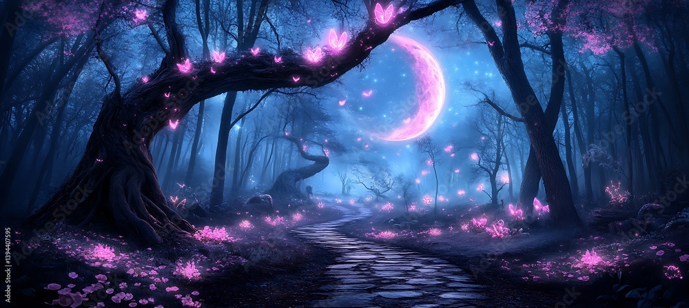 A fantastical forest path lit by glowing butterflies and a moon