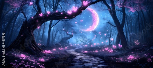 Obraz na płótnie A fantastical forest path lit by glowing butterflies and a moon w salonie