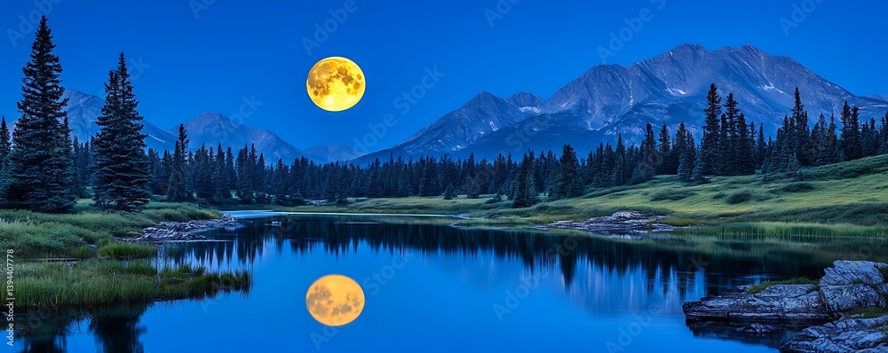 A stunning view of the full moon over mountain scenery