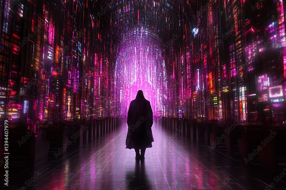 A silhouetted figure walks through a glowing futuristic cityscape corridor