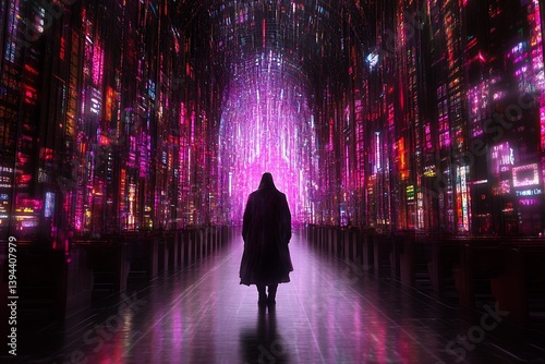 A silhouetted figure walks through a glowing futuristic cityscape corridor