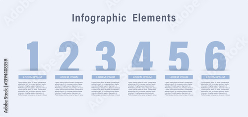 Horizontal progress bar featuring 6 elements for business strategies and progression. Infographic design template.