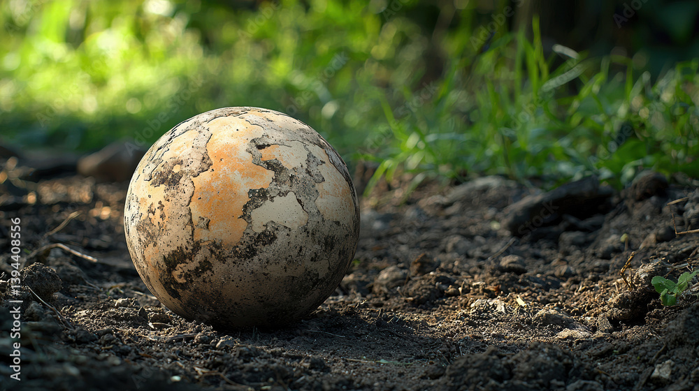 A weathered, mud-caked soccer ball rests on dark soil in a sun-dd outdoor setting near lush green grass suggesting a game recently finished or abandoned. A weathered, mud-caked soccer ball rests on dark soil in a sun-dd outdoor setting near lush green grass suggesting a game recently finished or abandoned.
