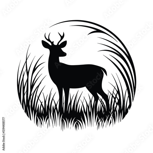 Isolated deer silhouette standing in grass, minimalist design, simple nature, monochrome