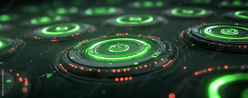 Futuristic technological glowing circular arrays with embedded data displays