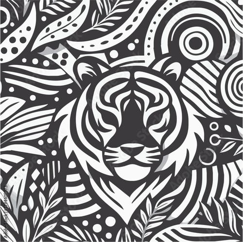 Tribal tiger tattoo vector design shows a wild feline head in abstract seamless black illustration art