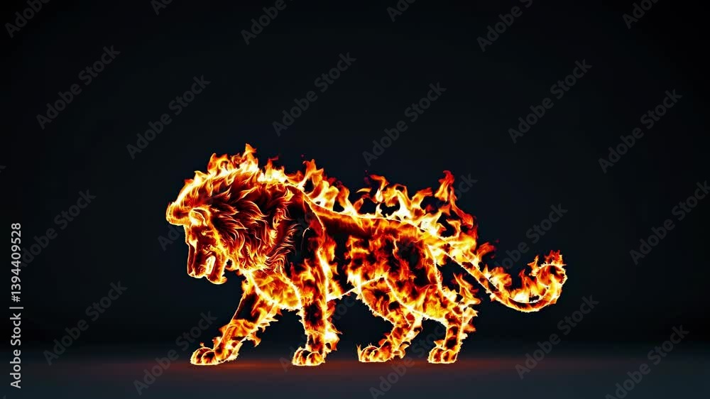 Majestic lion engulfed in flames strides confidently across a dark backdrop, exuding power and strength while creating a visually striking and captivating image of energy and danger