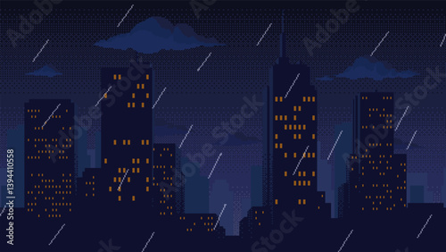 Pixel art of night city silhouette in rainy weather. Retro style 8-bit video game background. Seamless when docking horizontally.