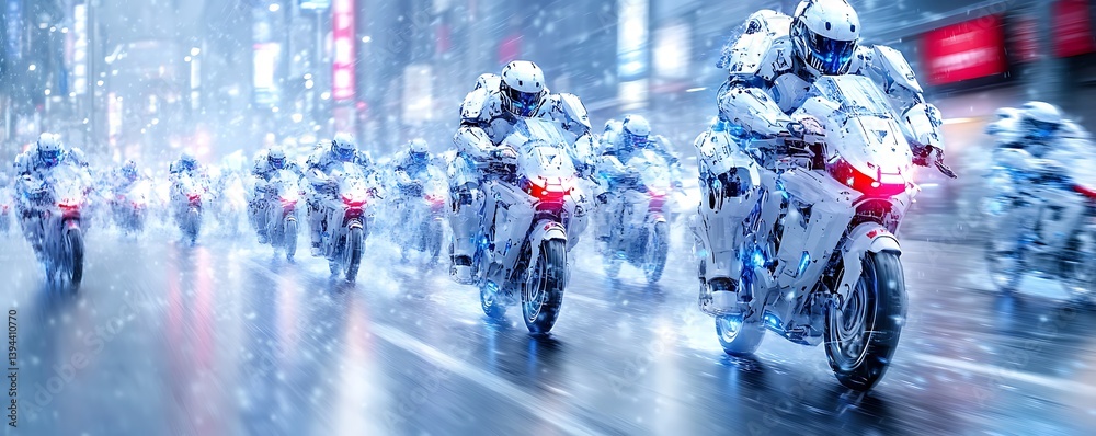 Futuristic Motorcycle Riders Driving Through Snow Covered City Streets