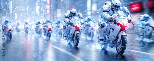 Obraz na płótnie Futuristic Motorcycle Riders Driving Through Snow Covered City Streets w salonie
