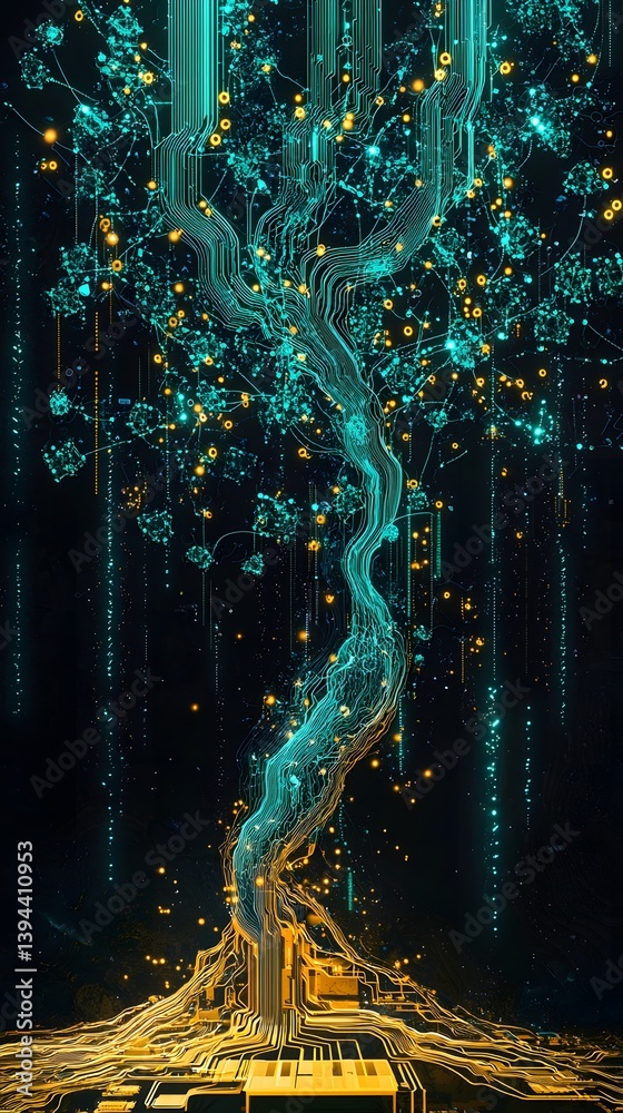 Digital Tree with Circuit Board Roots and Glowing Nodes Digital Tree with Circuit Board Roots and Glowing Nodes