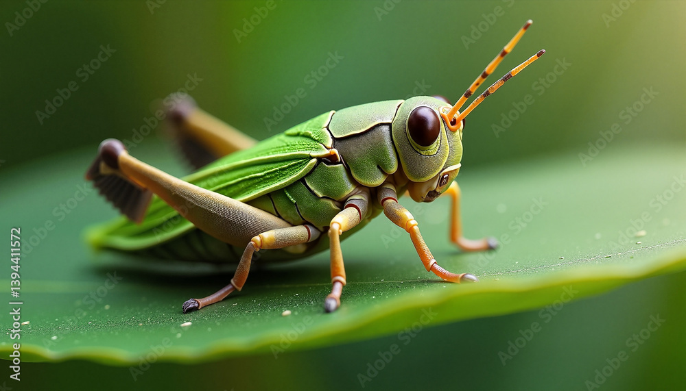 Fototapeta premium Green grasshopper resting on a leaf in a natural setting
