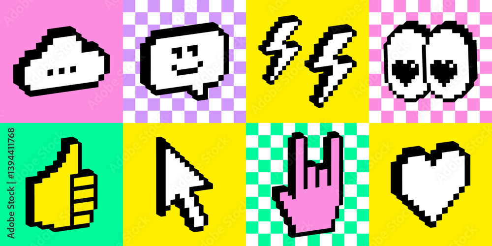 Bright, bold and gen z geometric pattern. Y2k cool tech emoticon stickers. Smile, cursor, heart shape, eyes, hand. 3D emoji pixel icons. Game abstract retro style vector illustration. Checkered print