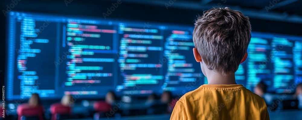 A young boy observes a large screen with computer code