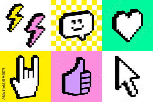3D emoji pixel icon set. Bright checkered print. Gen z geometric pattern. Y2k inspired cool tech emoticon sticker. Smile, cursor, heart shape, rock hand. Game abstract retro style vector illustration