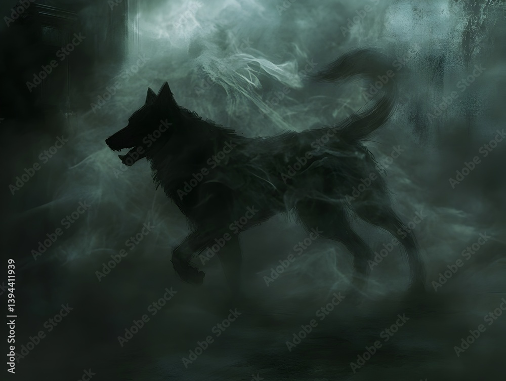 Obraz premium Ominous Black Canine Phantom Hound Shrouded in Shadowy Tendrils Pulsing Energy of the Underworld