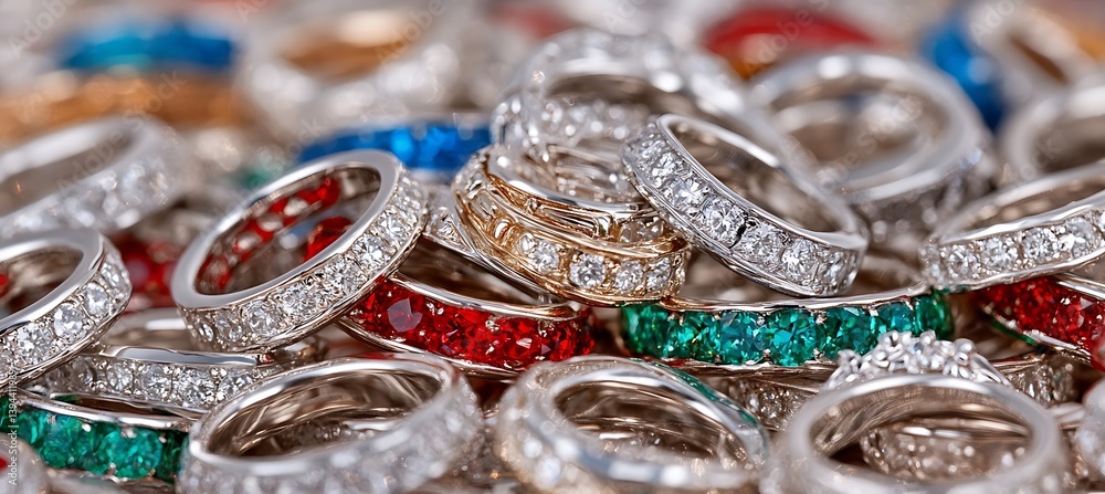 Many various rings with gemstones clustered closely together