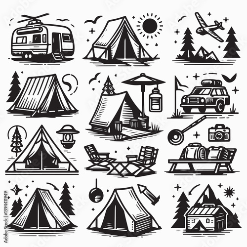 Tourist camping tent vector icon set on a white background. stock illustration