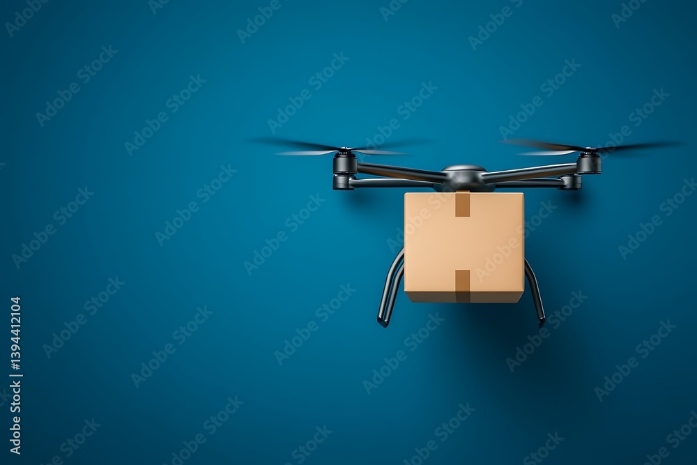 A flying drone carrying a cardboard package against a blue background