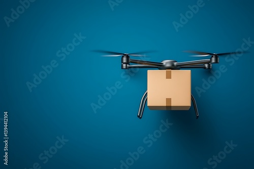 Obraz na płótnie A flying drone carrying a cardboard package against a blue background w salonie