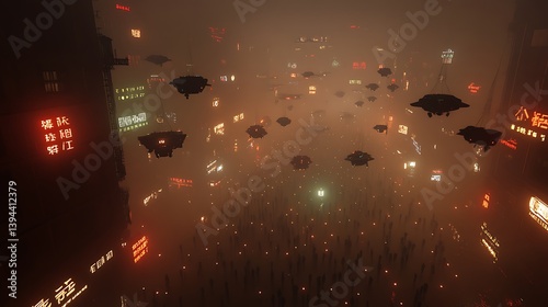 Futuristic Cityscape Filled With Flying Vehicles And Glowing Signs