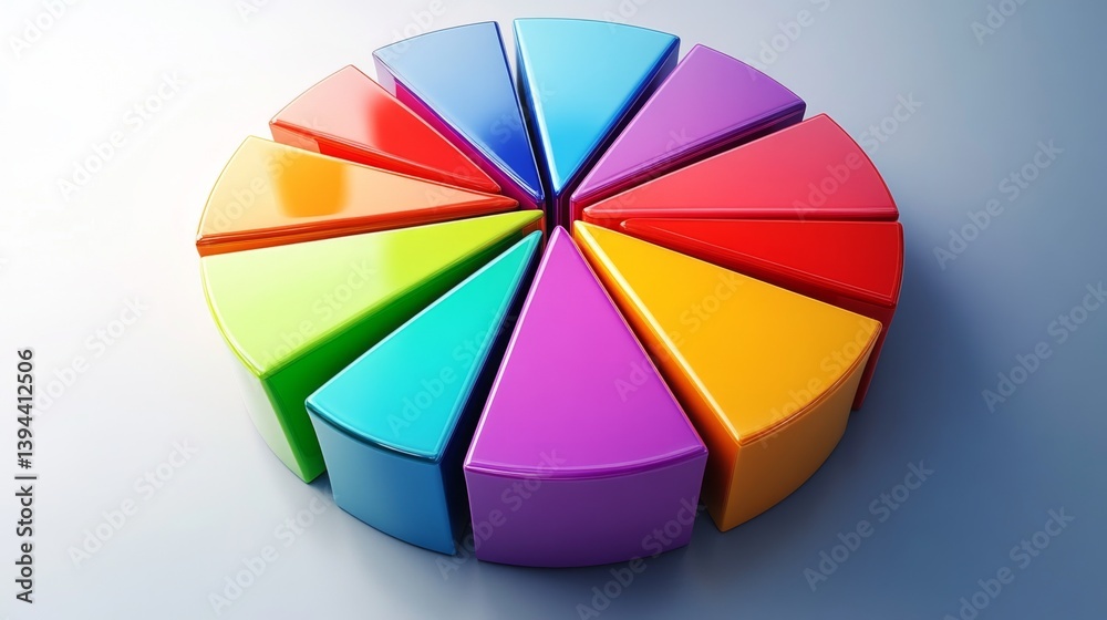 Obraz premium A top-down view of a D pie chart with vibrant colors and varying segment sizes, representing budget allocation, set against a light surface for emphasis.