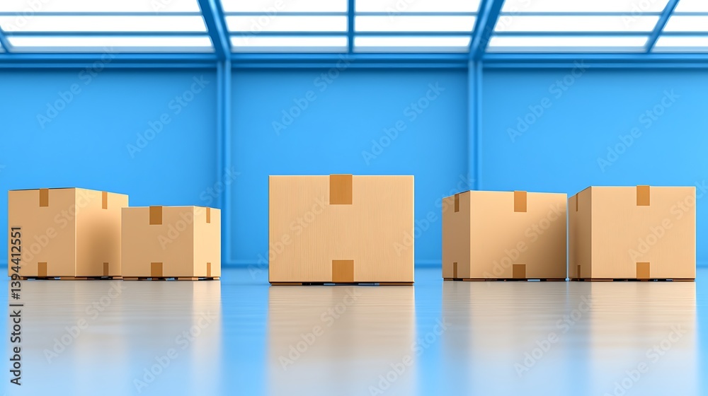 Cardboard boxes arranged in a warehouse with blue colored walls