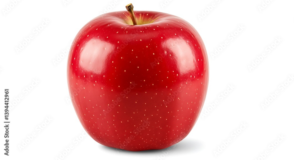 Obraz premium A vibrant, glistening red apple, a symbol of health and freshness, showcased against a stark white background with a crisp, clean focus.