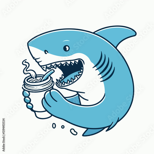 Shark's Morning Boost: A vibrant and whimsical illustration captures a shark's morning coffee routine. The charming design showcases a blue shark taking a refreshing sip of a hot beverage